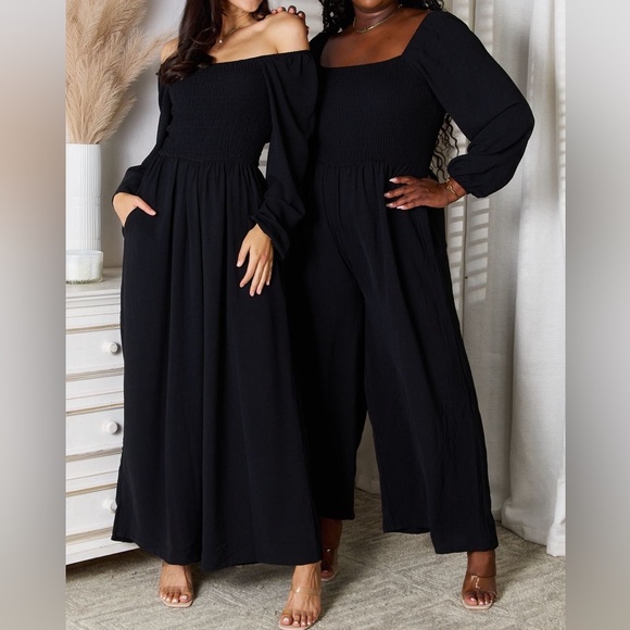 NEW Double Take Black Square Neck Smocked Long Sleeve Wide Leg Jumpsuit - Picture 9 of 9